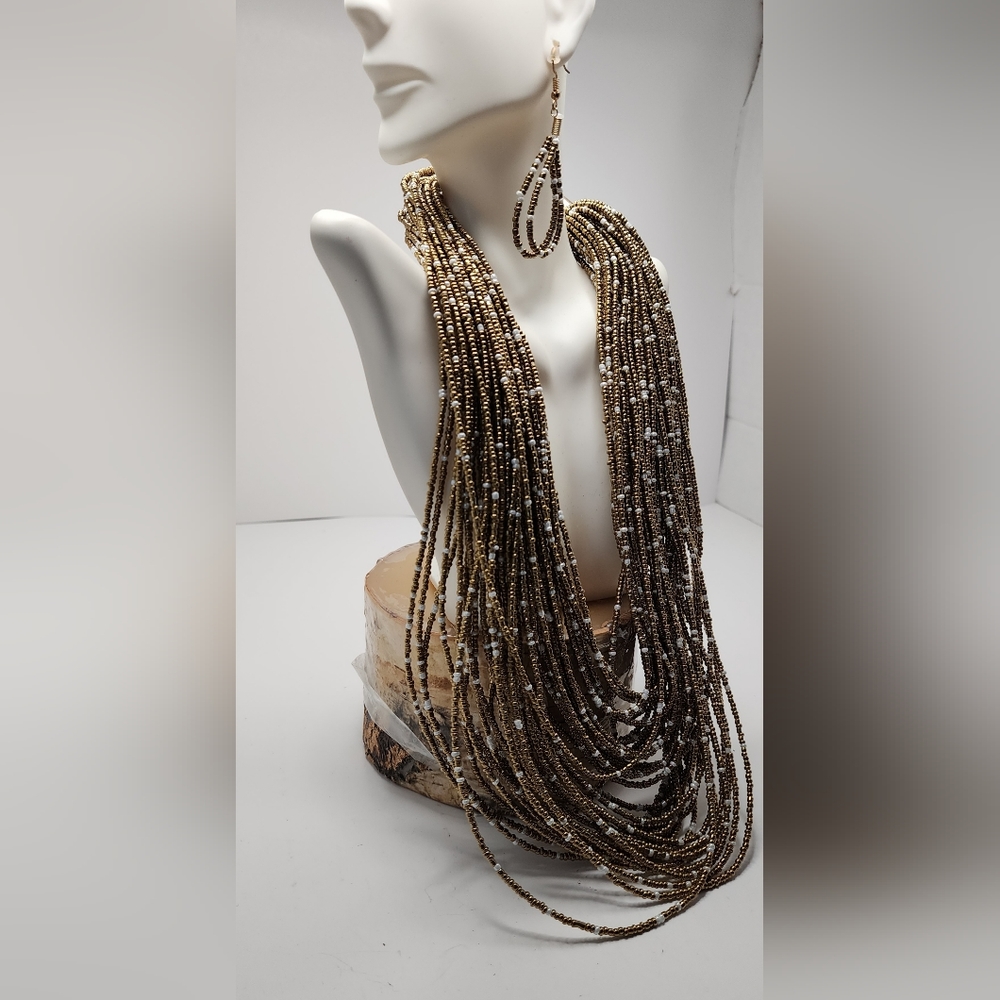Multi Layer, Gold/White Colored Beaded Necklace, … - image 2